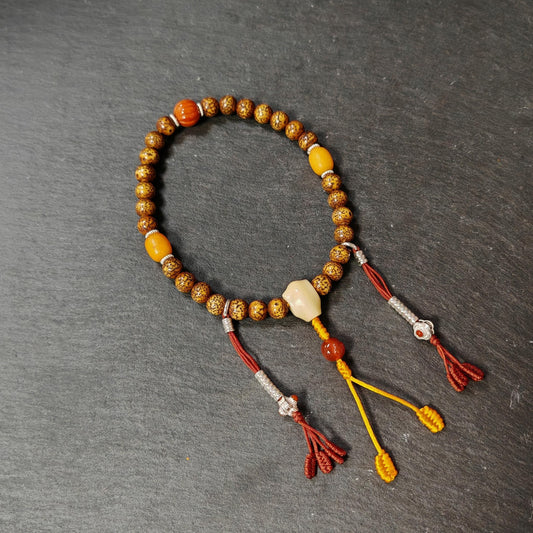 Authentic 9mm Lotus Seed Beads Wrist Mala Bracelet: Old Tibetan Rosary Hand Hold Prayer Beads - 13cm Stretched