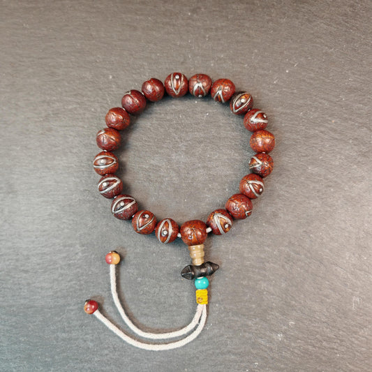 Authentic Inlaid Bodhi Seed Hand Hold Wrist Mala - 15mm Tibetan Rosary Bracelet - Decades Old