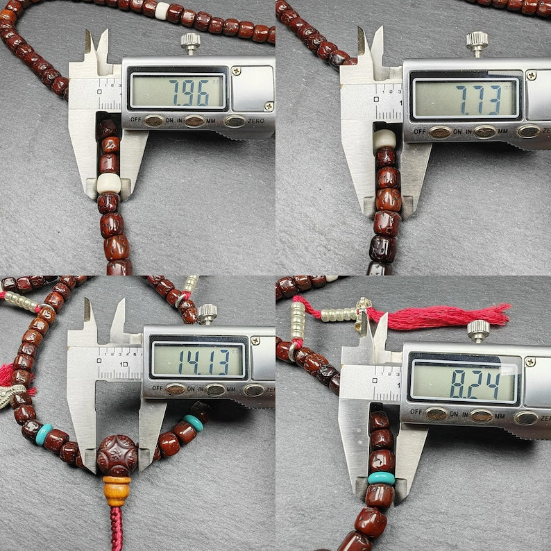 Authentic Tibetan Rosary, Old 8mm 108 Rudraksha Mala Necklace,Prayer Beads with Unique Mix of Treasures,40cm Streched