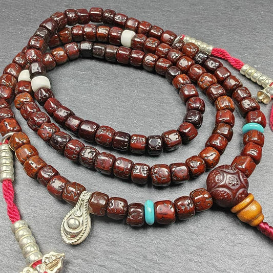 8mm 108 Rudraksha Mala Necklace,40cm Streched - Tibetan Buddhist mala beads, detailed view