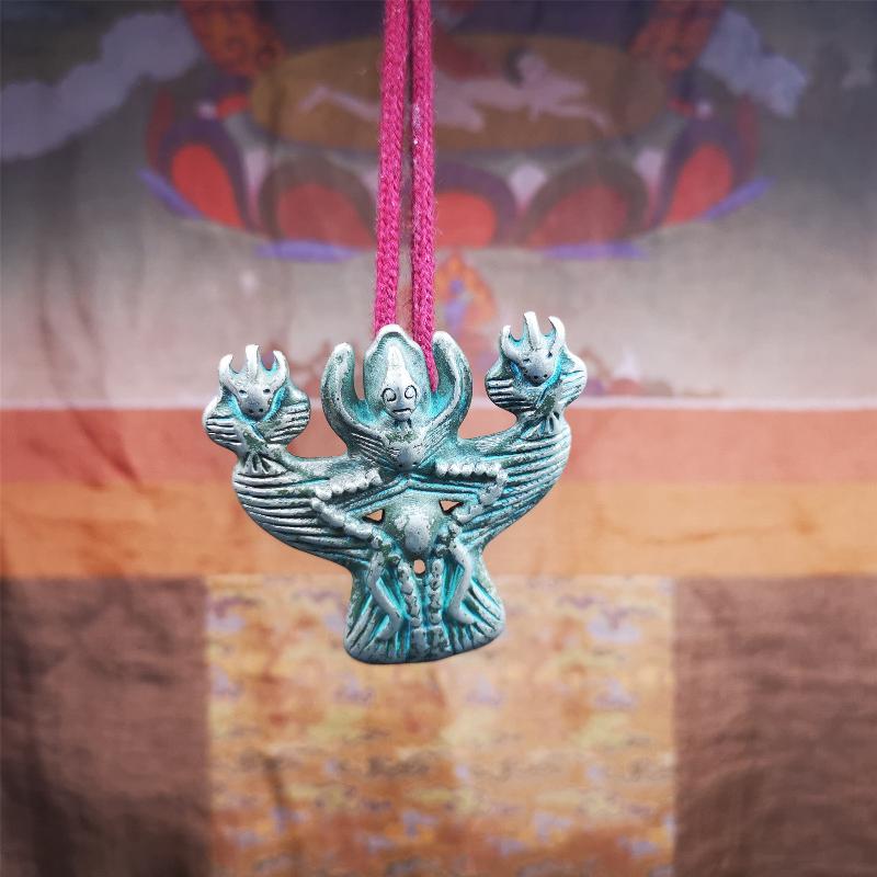 This Garuda is collected from Yaqing Monastery Baiyu County Tibet,it's a handmade badge,amulet pandent, made of copper,about 80 years old. You can wear it as amulet pendant, or make it into wall decoration, hang on the door as a protector,or just put it on your desk,as an ornament.