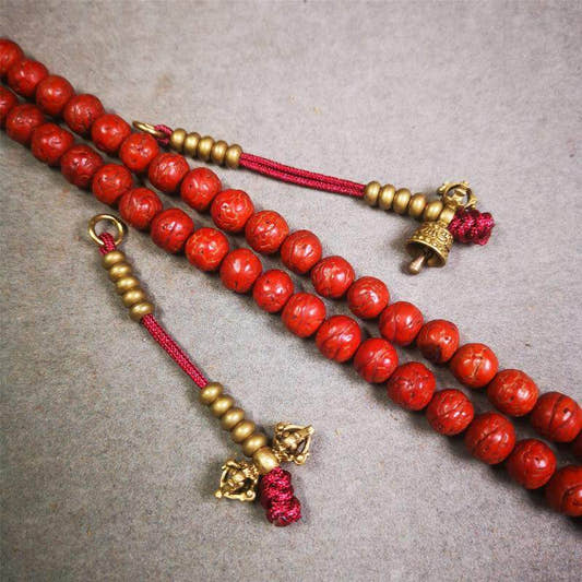 5mm Brass Prayer Bead Counters with Dorje Bell Pendant - Tibetan Buddhist art, detailed view
