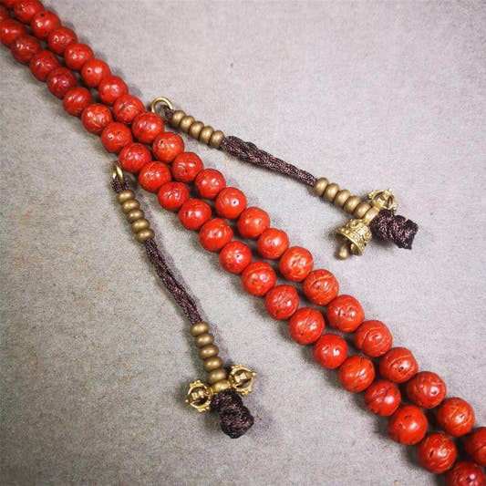 5mm Brass Prayer Bead Counters with Dorje Bell Pendant - Tibetan Buddhist art, detailed view