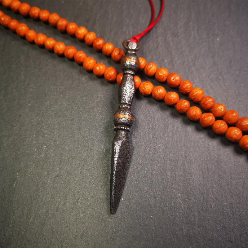 This handmade Dorje Phurba was crafted by Tibetan craftsmen from Hepo Town, Baiyu County, Tibet,known for its renowned Tibetan handicrafts. The upper part is a vajra, and the lower part is a phurba. Copper dots is inlaid on the waist of the phurba