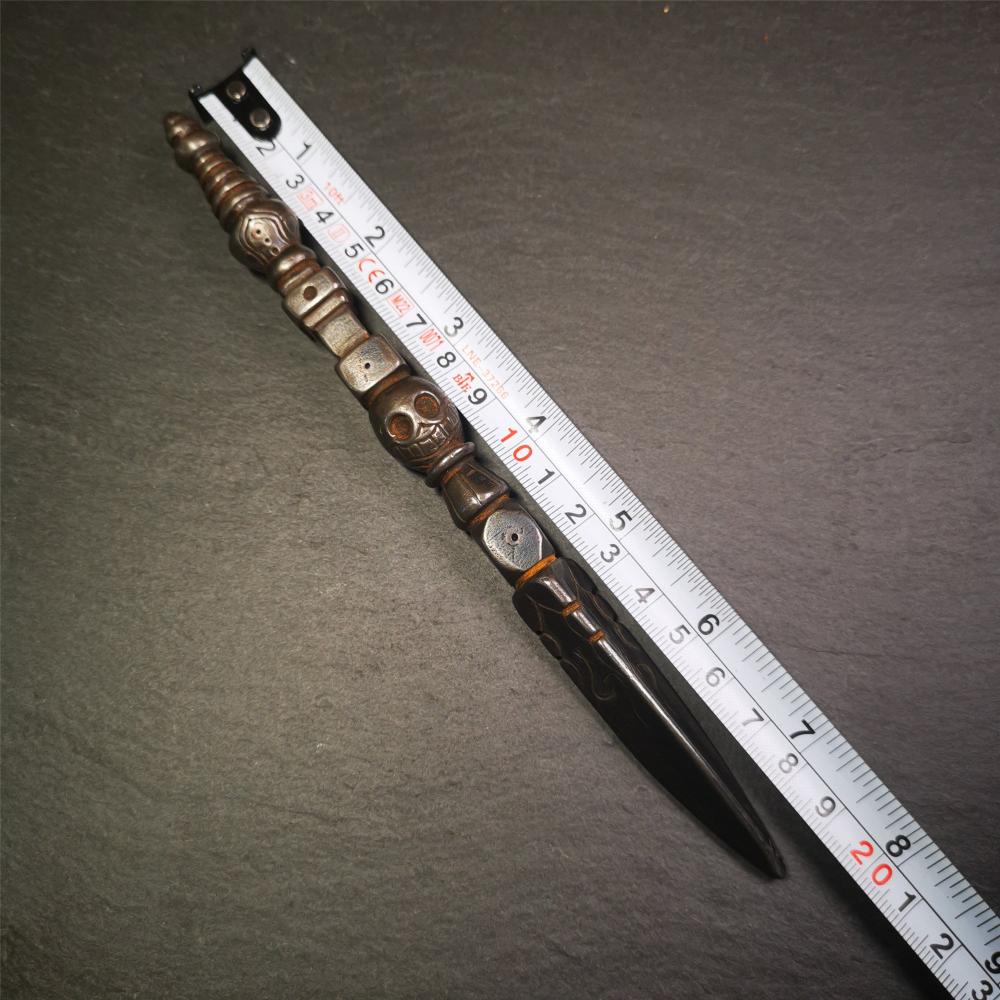 Gandhanra Tibetan Buddhist Ritual Implement - Kila -Dorje Phurba,Made of Cold Iron inlaid Copper,7.5".Its top is a stupa, in the middle is the skull Shmashana Adhipati, and at the bottom is a phurba,handmade by Tibetan craftsmen in 1990's.