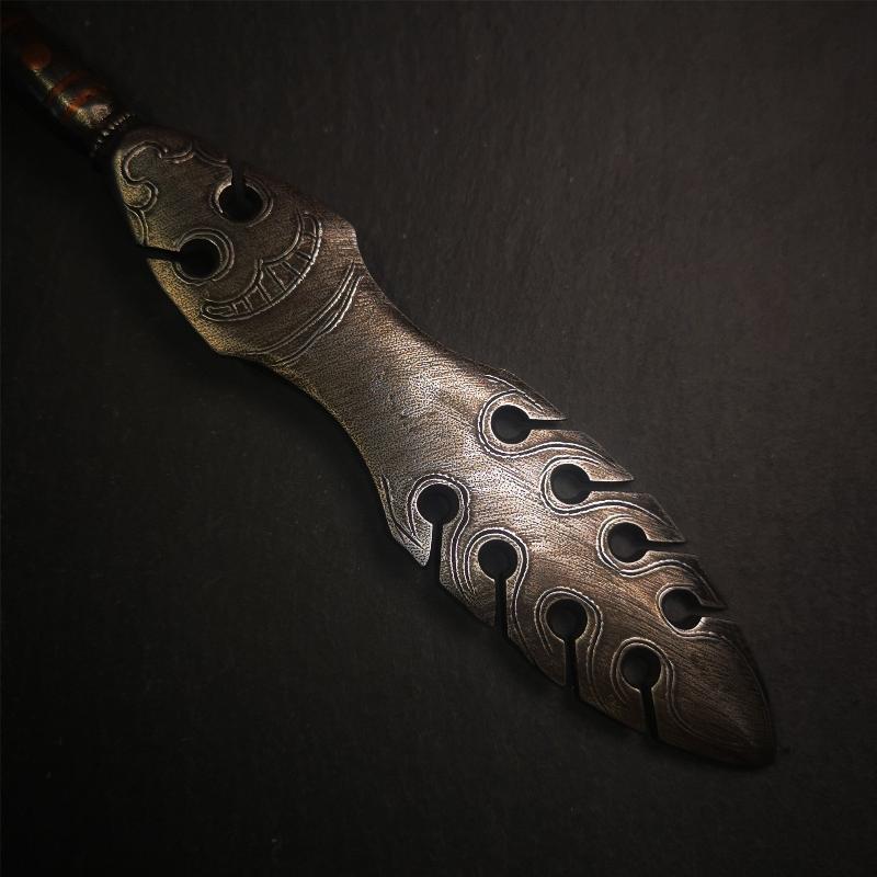 This vajra sword was handmade by Tibetan craftsmen from Tibet in 1990s,from Hepo Town, Baiyu County. It's a manjusri sword shape,flame shape blade,made of cold iron, carved conch pattern,and the vajra of the tail hanging ring