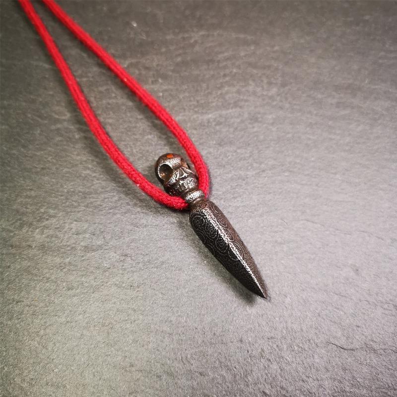 This phurba was made by Tibetan craftsmen and come from Hepo Town, Baiyu County, the birthplace of the famous Tibetan handicrafts. Its upper part is Shmashana Adhipati skull, the lower part is a Dorje Phurba, three copper dots inlaid on it