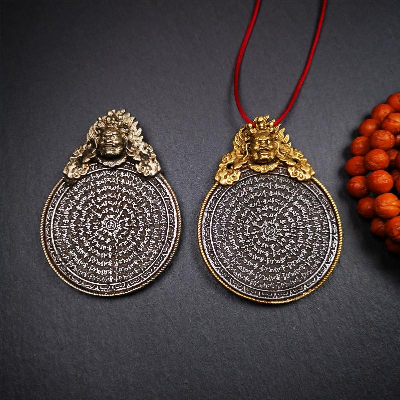 This type of tibetan mantra badge amulet was made by Tibetan craftsmen and come from Hepo Town, Baiyu County, Tibet.It is made of cold iron,grey color,carved mantra of Om Mani Padme Hum It adopts a split casting method, the shell is Mahakala.
