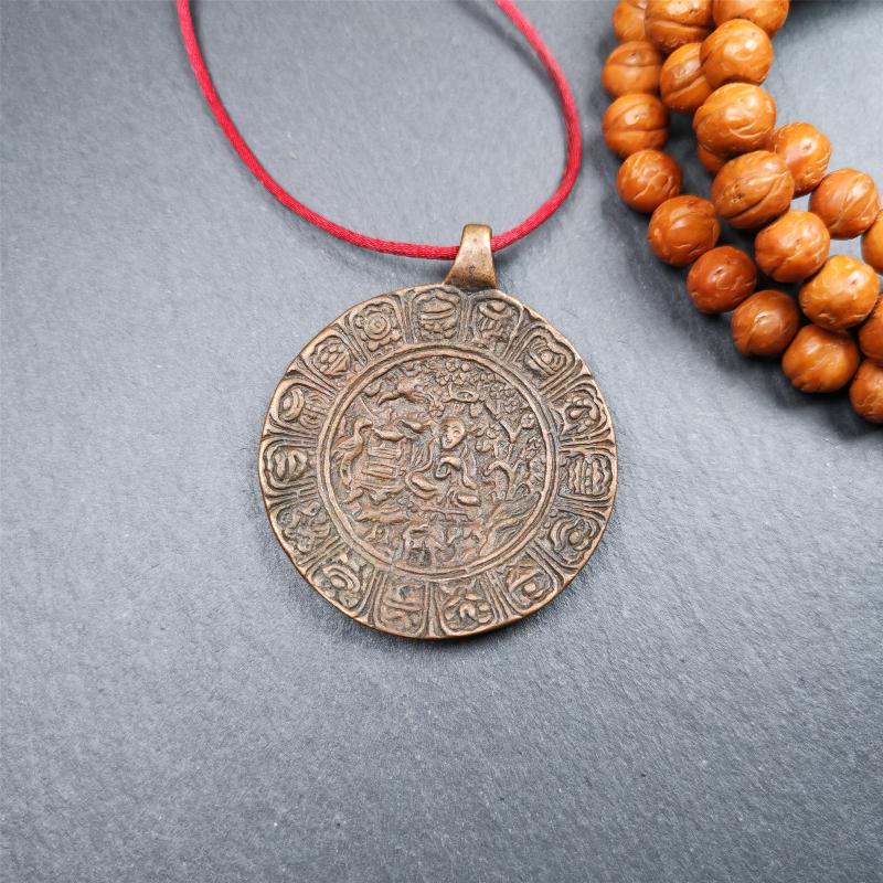 This old Longevity Badge was collected from Ganzi County Tibet about 100 years. It is made of copper,the theme is Shou-lao(the god of longevity) surrounded by the symbols of Ashtamangala. He is the ancient Chinese God of Longevity, represent Amitayus