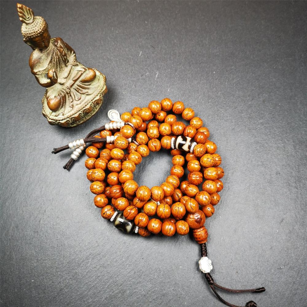 This old bodhi seed beads mala was collected from Derge county,hold and blessed by a lama in Gengqing monastery, about 30 years old. It is composed of 108 bodhi seed beads, and is equipped with 3 dzi beads, silver spacer beads, bead counters and maini jewel clip,and finally consists a lucky knot bead on the end, very elegant.