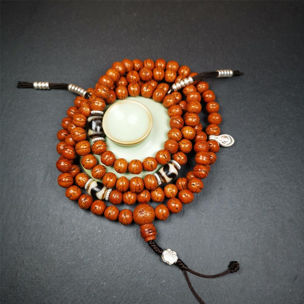 This old bodhi seed beads mala was collected from Derge county,hold and blessed by a lama in Gengqing monastery, about 30 years old. It is composed of 108 bodhi seed beads, and is equipped with 3 dzi beads, silver spacer beads, bead counters and maini jewel clip,and finally consists a lucky knot bead on the end, very elegant.