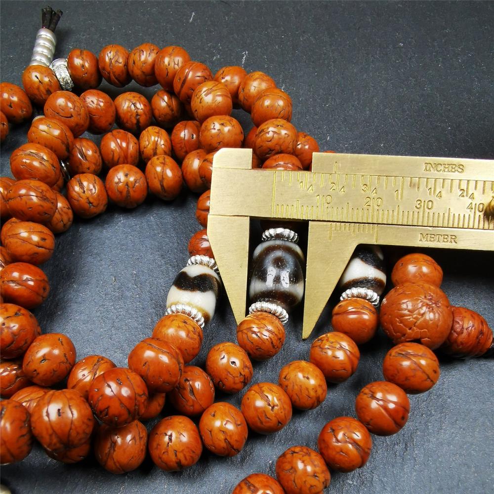 This old bodhi seed beads mala was collected from Derge county,hold and blessed by a lama in Gengqing monastery, about 30 years old. It is composed of 108 bodhi seed beads, and is equipped with 3 dzi beads, silver spacer beads, bead counters and maini jewel clip,and finally consists a lucky knot bead on the end, very elegant.