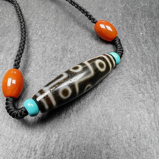 9 Eyes Dzi Bead Necklace,1.5" - Tibetan Buddhist bead necklace, detailed view