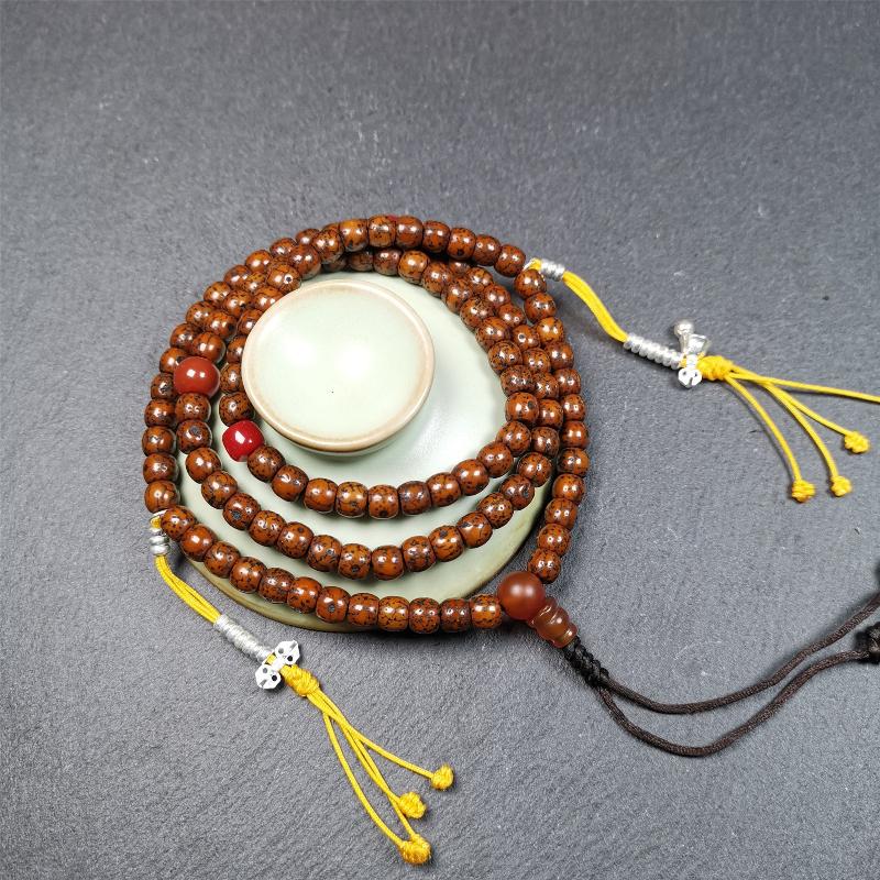 This old lotus seed mala was handmade from tibetan crafts man in Baiyu County,about 20 years old. It's composed of 108 lotus seed beads,then add some agate beads,1 pair of silver bead counters,and agate guru bead on it.