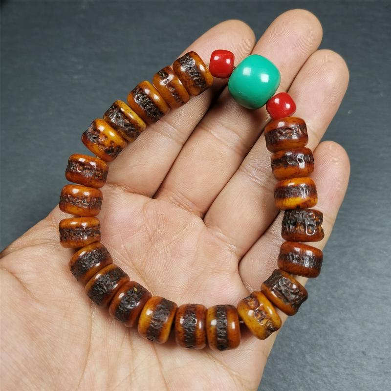 Gandhanra Handmade Tibetan Yak Bone Wrist Mala + Turquoise Bead Bracelet, Hand-carved Amulet Bracelet,for Meditation and Prayer