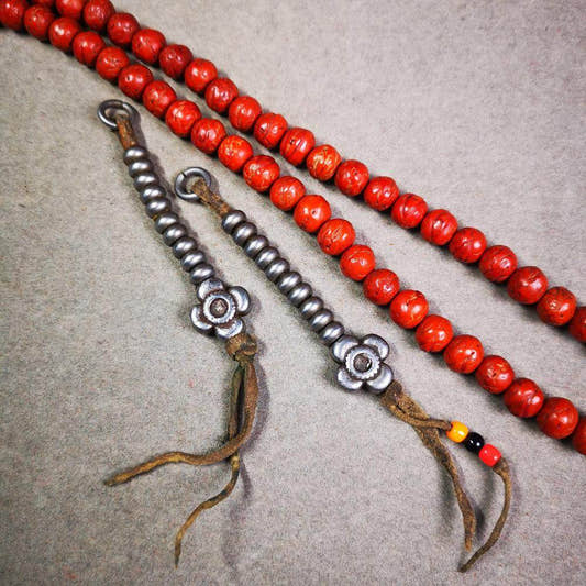6mm Cold Iron Prayer Bead Counters with Gesang Flower Pendant - Tibetan Buddhist art, detailed view