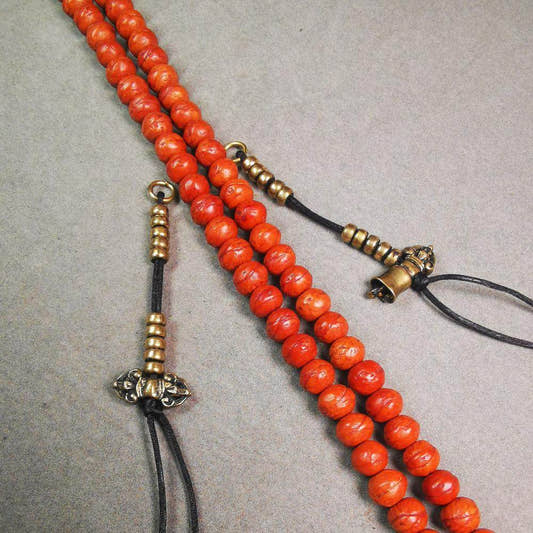 5mm Brass Prayer Bead Counters with Dorje Bell Pendant - Tibetan Buddhist art, detailed view