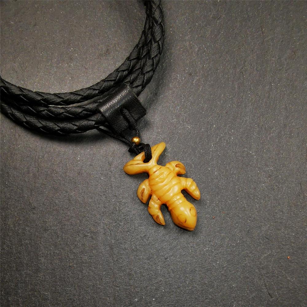 Tibetan Amulet,Yak Bone Carved Scorpion Guru of Padmasambhava, 1.2"
