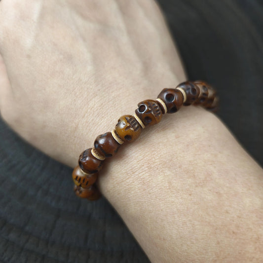 Tibetan Yak Bone Mala Beads Bracelet | Hand-Carved Citipati Skull Amulet for Meditation Prayer | Spiritual Gift for Him Her