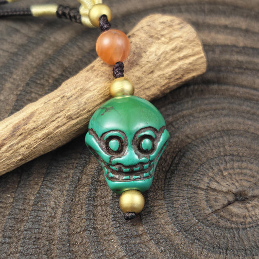 Turquoise Citipati Skull Pendant - Authentic Tibetan Amulet - Protective Charm - Decades Old - 23mm × 20mm