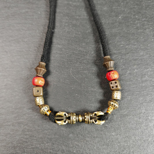 Vintage Tibetan Vajra Amulet Necklace, Brass Copper 5-Pronged Dorje Pendant, Buddhist Protection Charm Jewelry, Spiritual Meditation Gift