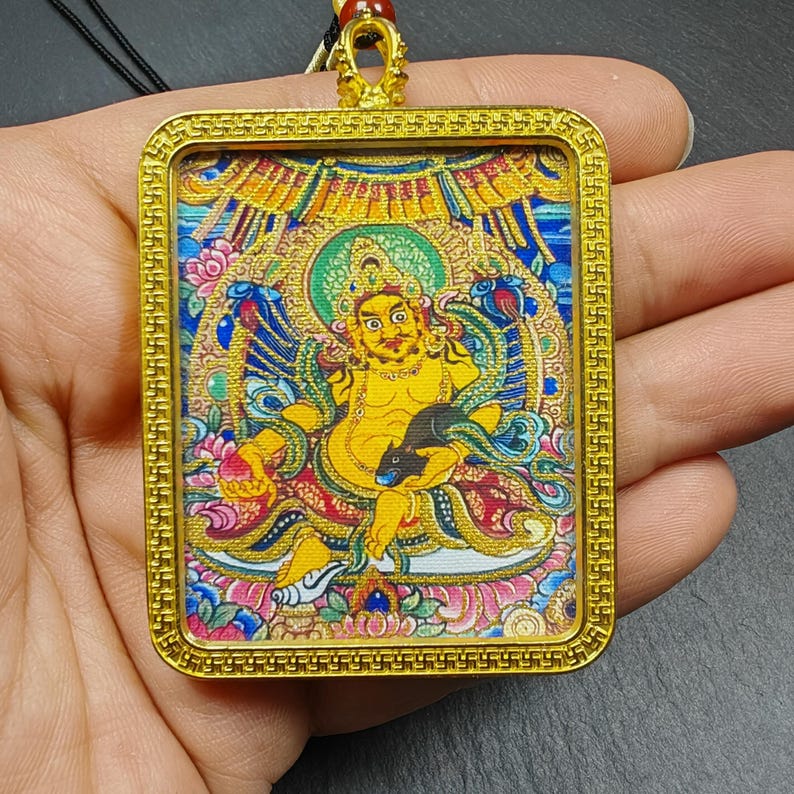Yellow Jambhala Gau Box Amulet - Mini Ghau Shrine - Portable Tibetan Buddhist Altar Necklace with Offerings - Protective Charm
