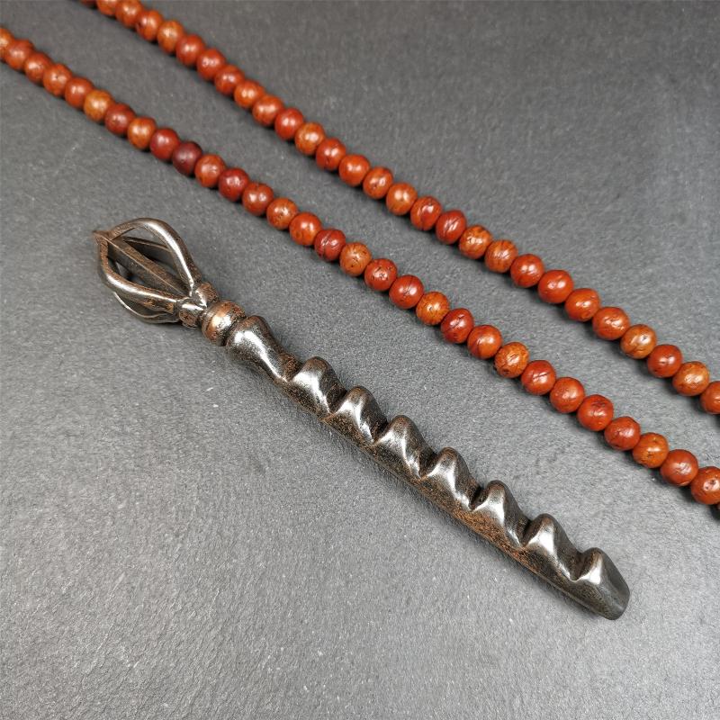 This ladder is handmade by Tibetan craftsmen and comes from Hepo Town, Baiyu County,Tibet, the birthplace of the famous Tibetan handicrafts. It's a ritual implement, made of cold iron, the shape is Tibetan Ladder of Heaven,a half vajra on the top.
