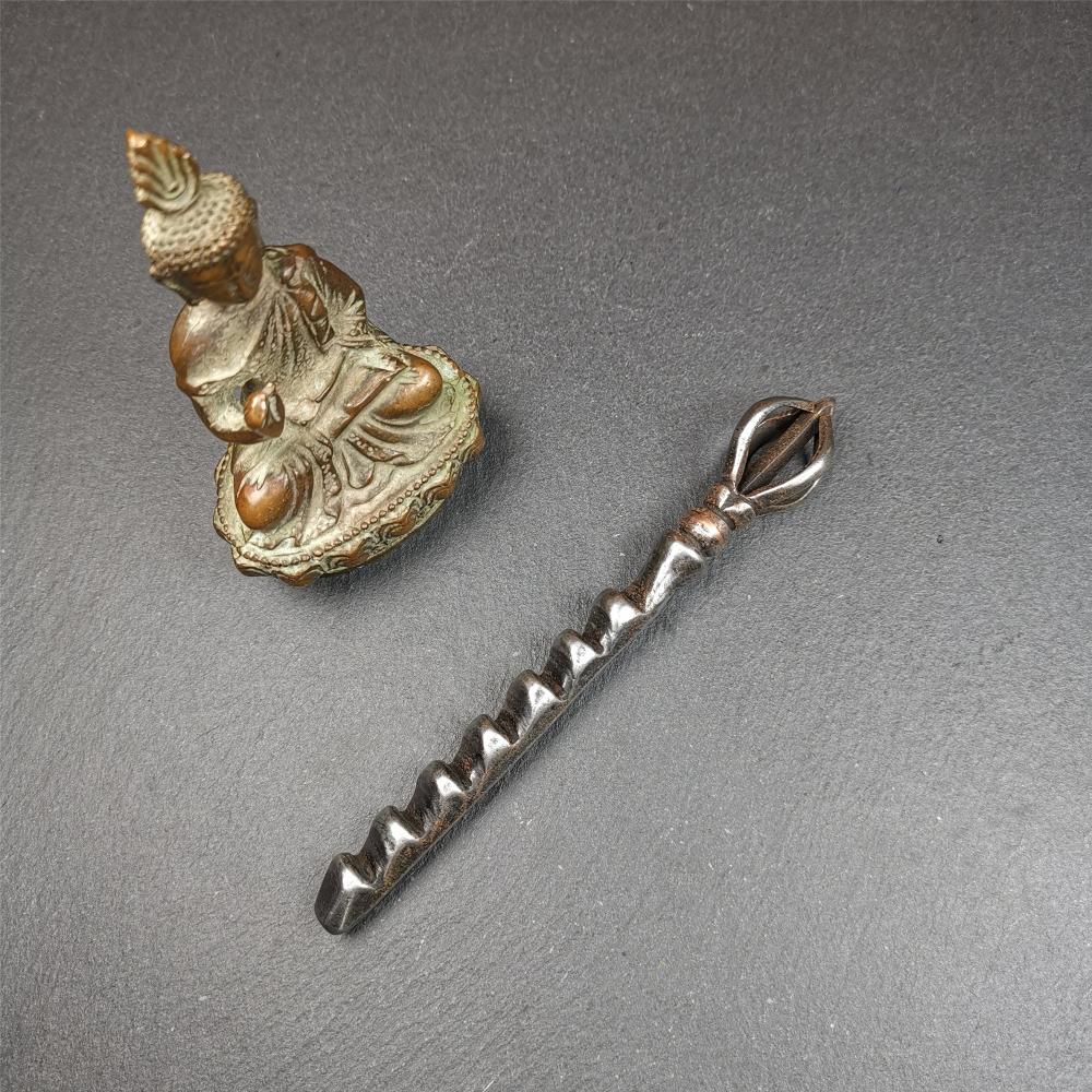 This ladder is handmade by Tibetan craftsmen and comes from Hepo Town, Baiyu County,Tibet, the birthplace of the famous Tibetan handicrafts. It's a ritual implement, made of cold iron, the shape is Tibetan Ladder of Heaven,a half vajra on the top.