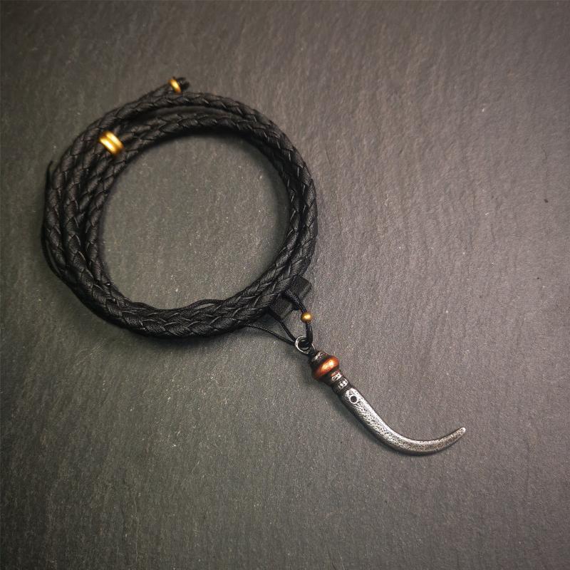 Handmade Tibetan Amulet ,Wolf Tooth Pendant with Leather Cord, 1.77"