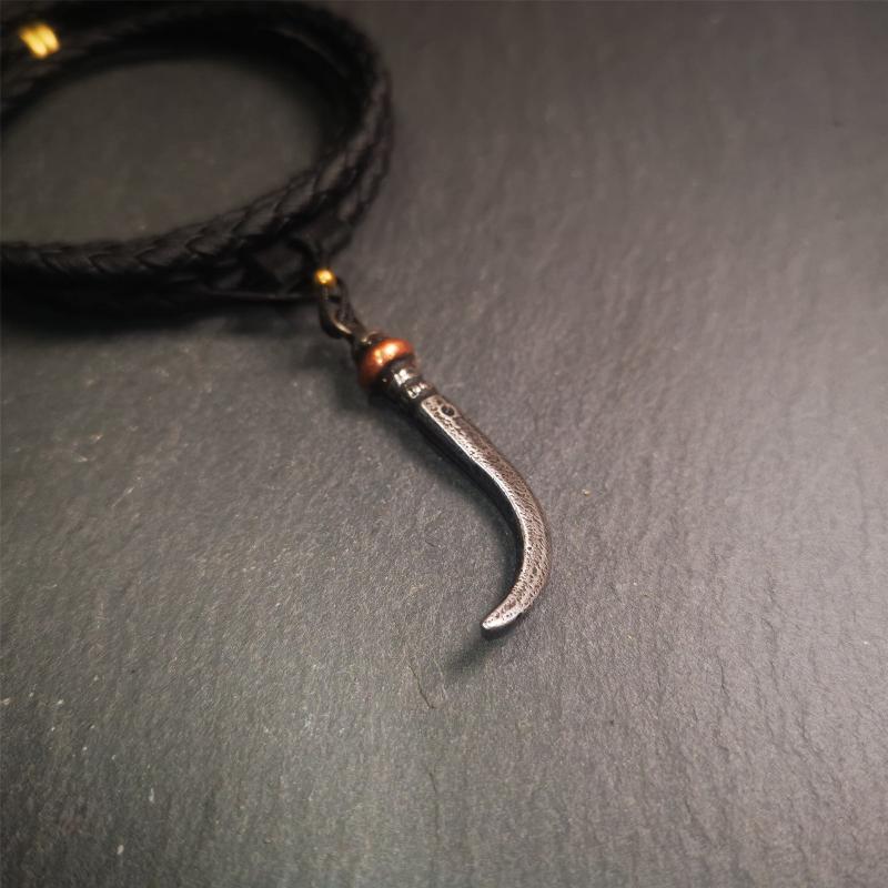 Handmade Tibetan Amulet ,Wolf Tooth Pendant with Leather Cord, 1.77"