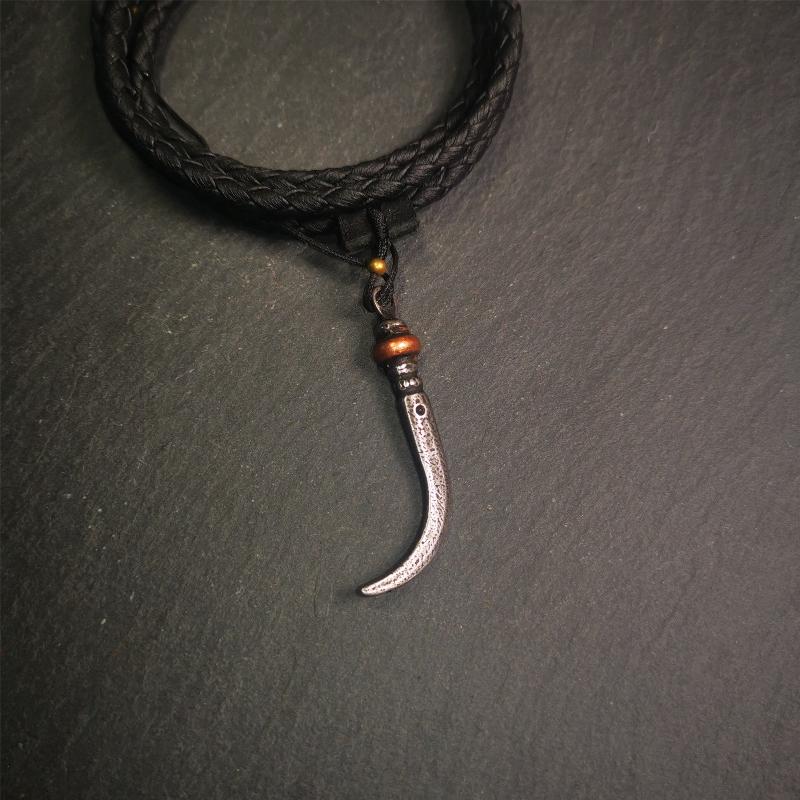 Handmade Tibetan Amulet ,Wolf Tooth Pendant with Leather Cord, 1.77"