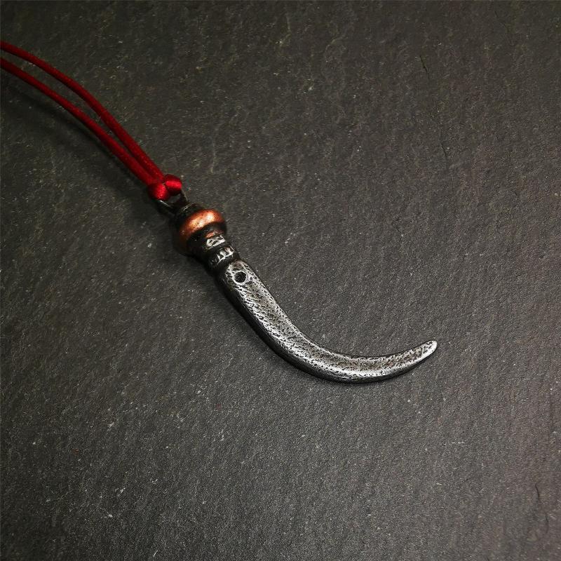 Handmade Tibetan Amulet ,Wolf Tooth Pendant with Leather Cord, 1.77"