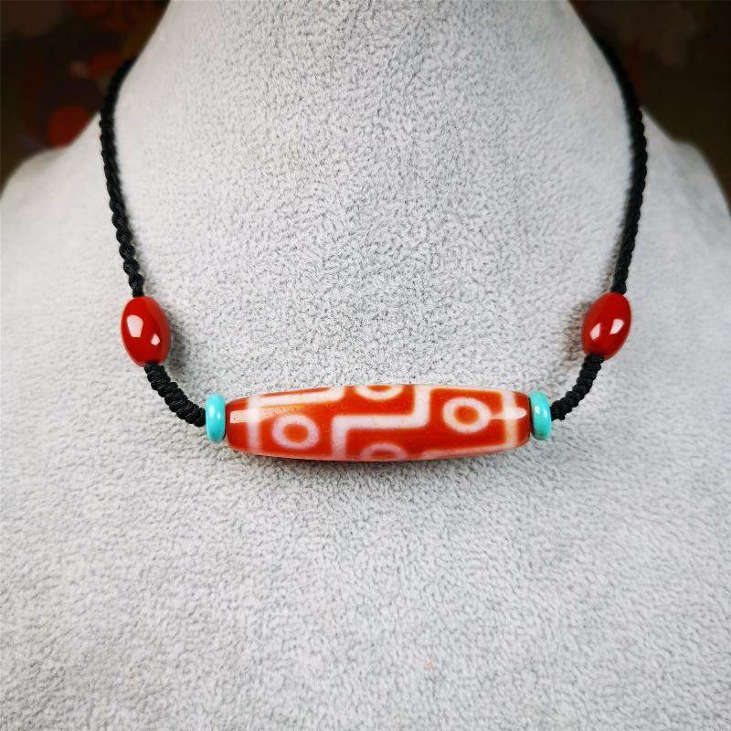 Fire Agate 9 Eyes Dzi Bead Necklace - Gandhanra-ART
