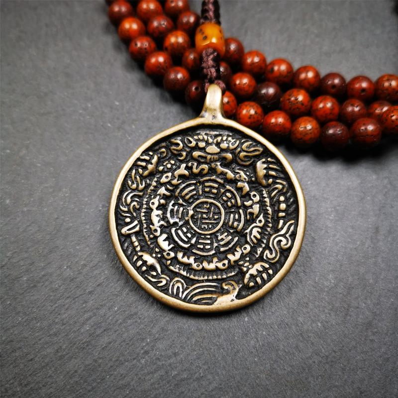 This unique tibetan calendar melong badge was collected from Baiyu Monastery for 30 years. It's a Astrology Protective Amulet Pendant,made of copper. The pattern is Tibetan Budhist Protective Amulet Pendant - SIPAHO(srid pa ho).