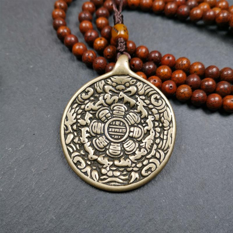 This unique tibetan melong badge was collected from Baiyu Monastery for 30 years. It's a Astrology Protective Amulet Pendant,made of cold iron. The pattern is Tibetan Budhist Protective Amulet Pendant - SIPAHO(srid pa ho).