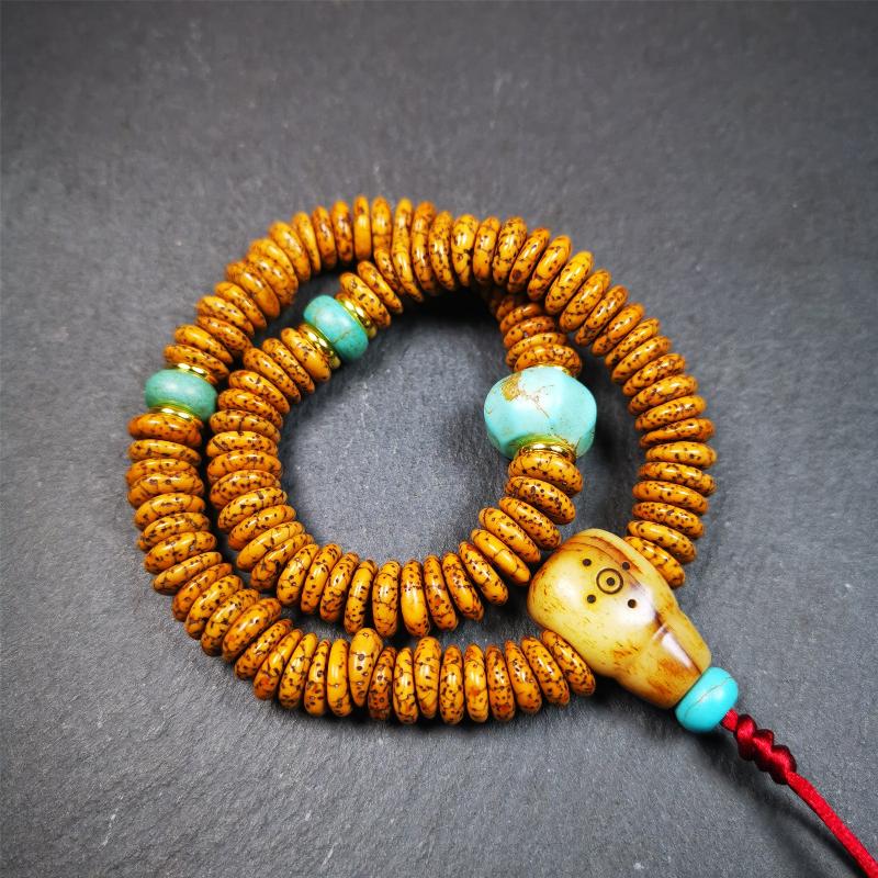 This flat lotus seed mala was collected from Gerze county,about 30 years old,hold and blessed by a lama. It is composed of 108 bodhi seed beads, flat cut shape,brown color,with 4 turquoise beads and 1 yak bone guru bead.