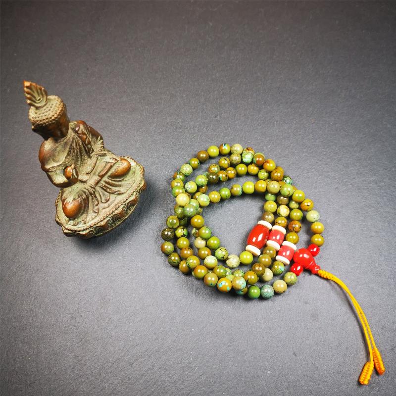 Gandhanra Old 108 Turquoise Beads Mala,Tibetan Prayer Beads for Meditation,Diameter 0.28", Circumference 32 inches