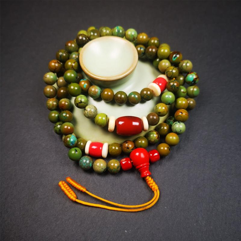 Gandhanra Old 108 Turquoise Beads Mala,Tibetan Prayer Beads for Meditation,Diameter 0.28", Circumference 32 inches