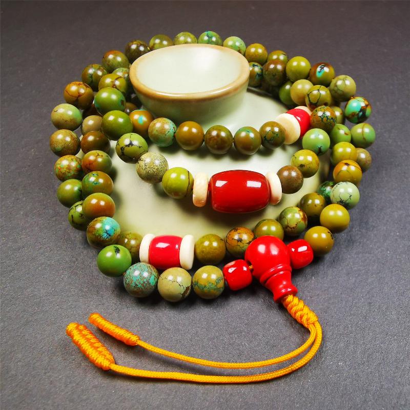 Gandhanra Old 108 Turquoise Beads Mala,Tibetan Prayer Beads for Meditation,Diameter 0.28", Circumference 32 inches