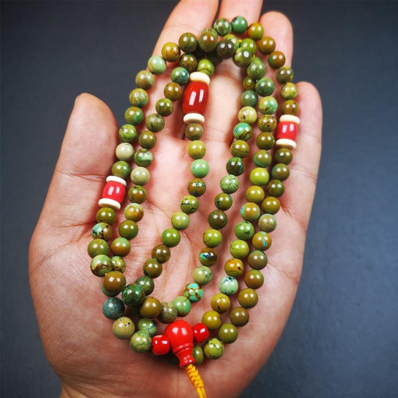 Gandhanra Old 108 Turquoise Beads Mala,Tibetan Prayer Beads for Meditation,Diameter 0.28", Circumference 32 inches