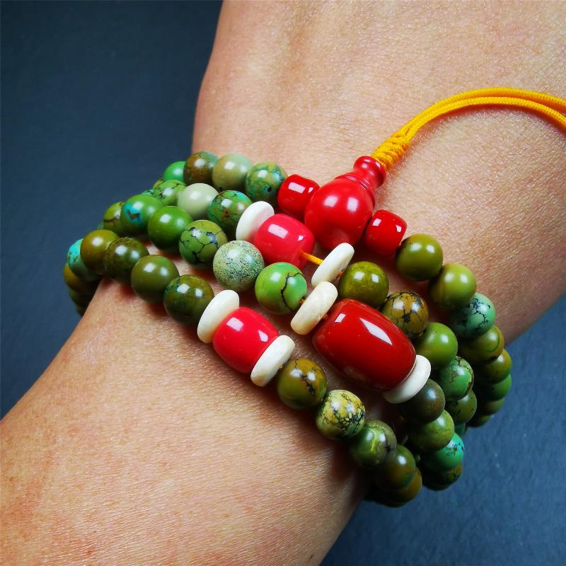 Gandhanra Old 108 Turquoise Beads Mala,Tibetan Prayer Beads for Meditation,Diameter 0.28", Circumference 32 inches
