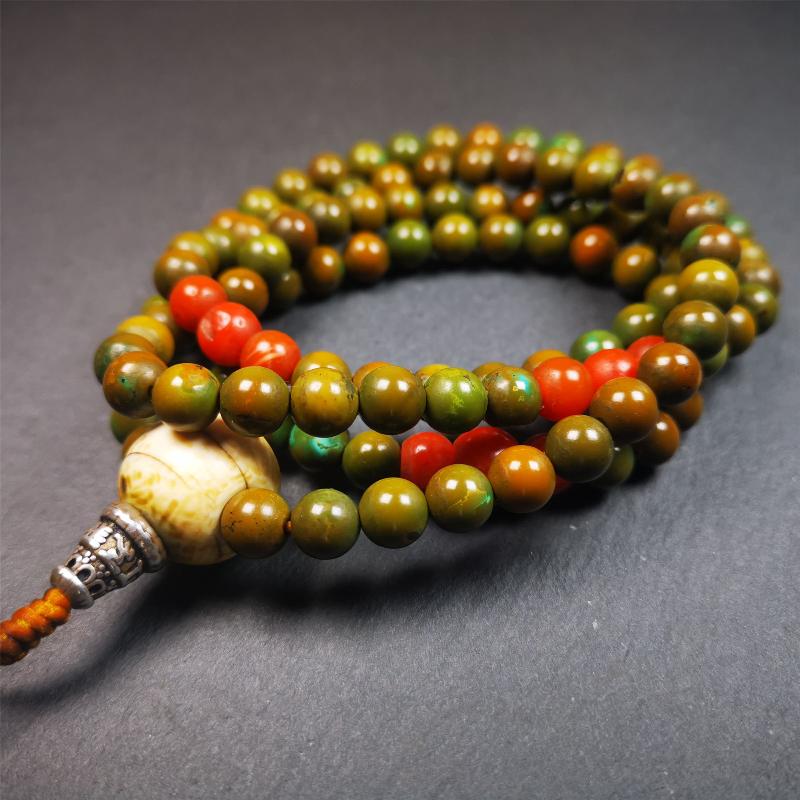 Gandhanra Old 108 Turquoise Beads Mala,Tibetan Prayer Beads for Meditation,Diameter 0.32 inch, Circumference 36 inches,50 Years Old.