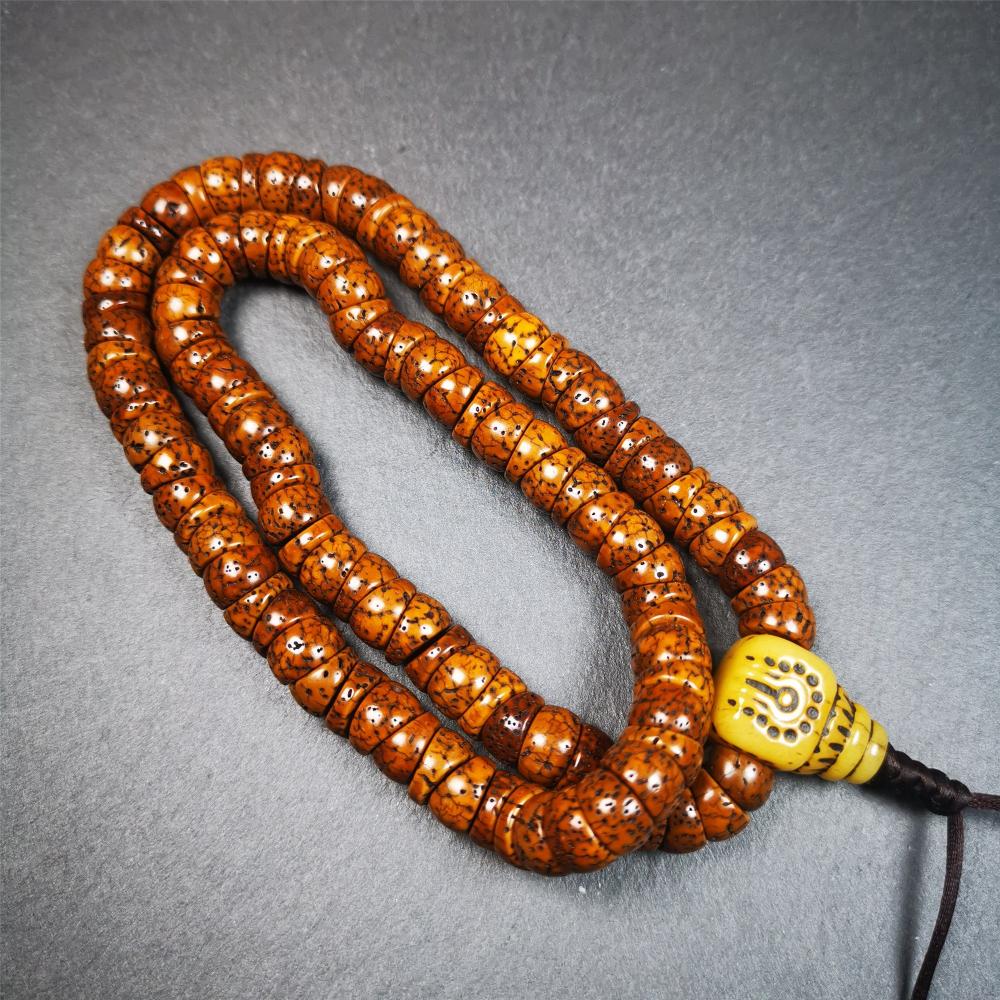 This lotus seed mala was collected from Baiyu county,about 40 years old,hold and blessed by a lama. It is composed of 108 bodhi seed beads, bevel cut shape,brown color,and 1 yak bone guru bead.