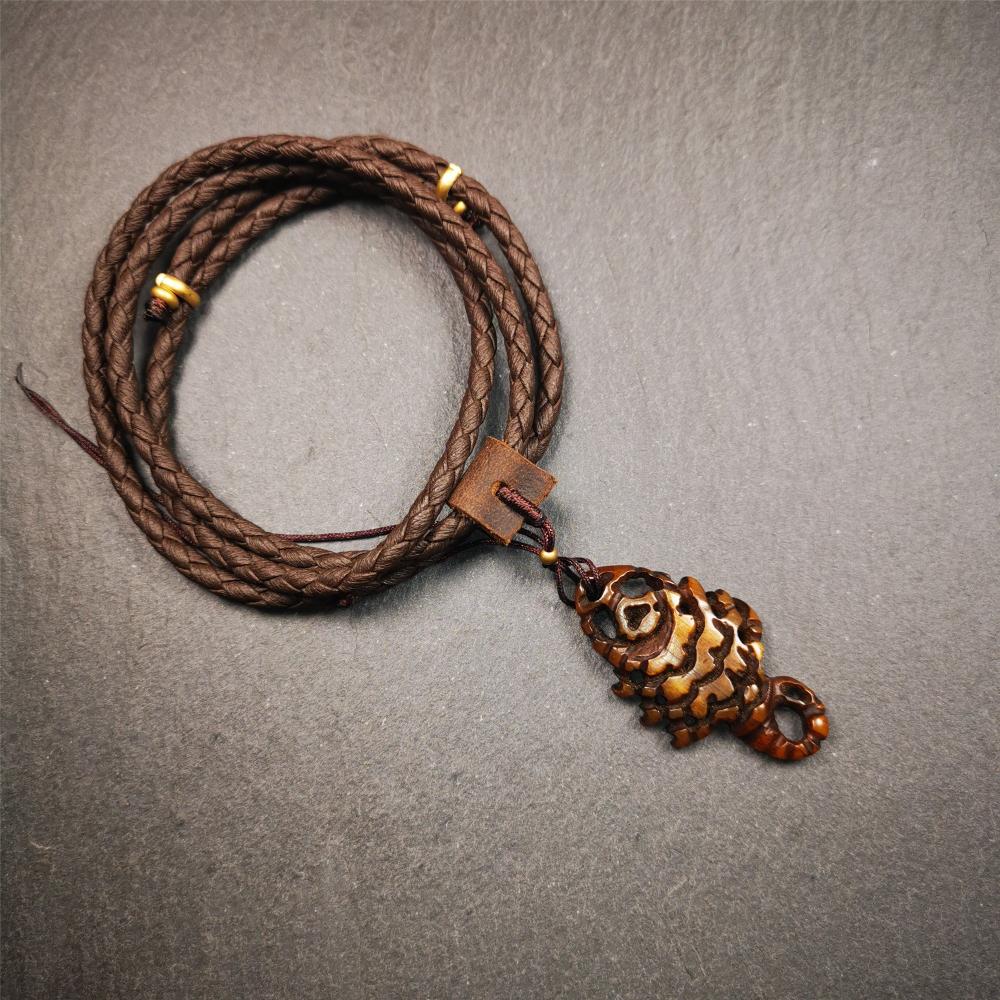 Tibetan Amulet, Yak Bone Carved Scorpion Guru of Padmasambhava, 1.77"