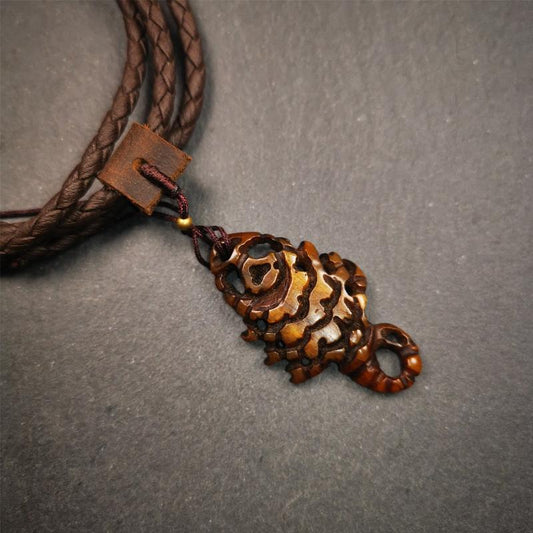 Tibetan Amulet, Yak Bone Carved Scorpion Guru of Padmasambhava, 1.77"