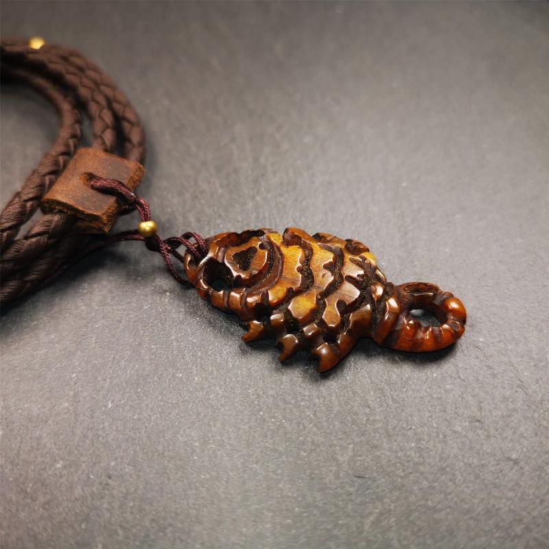 Tibetan Amulet, Yak Bone Carved Scorpion Guru of Padmasambhava, 1.77"