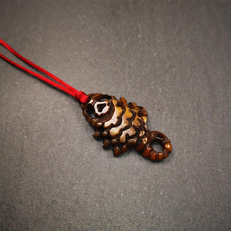 Tibetan Amulet, Yak Bone Carved Scorpion Guru of Padmasambhava, 1.77"