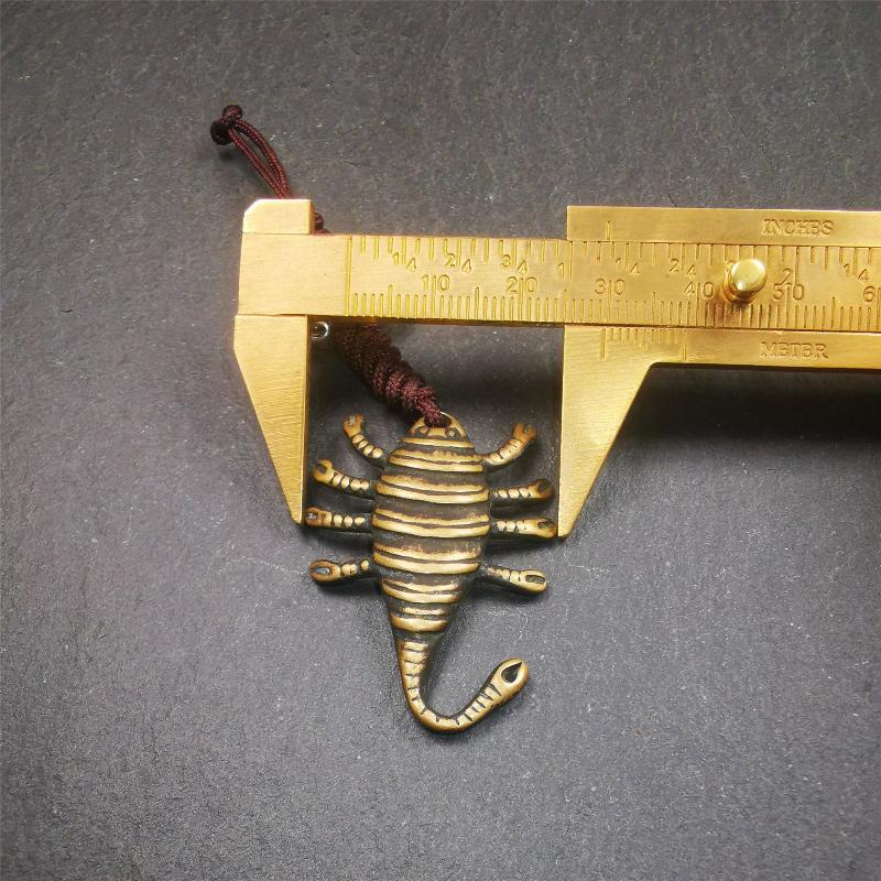 This scorpion amulet is collect from Baiyu Tibet,it is made of brass,yellow color,size is 1.57 inch. You can make it into a necklace pendant, bag hanging,keychain, or just put it on your desk,as an ornament.