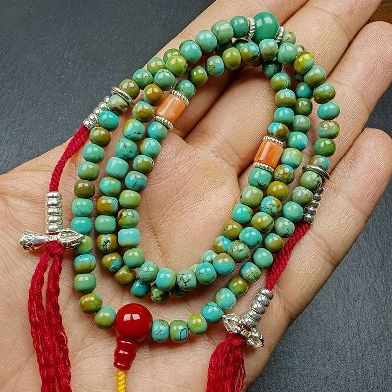 Gandhanra Old 108 Turquoise Beads Necklace Mala,Tibetan Prayer Beads for Meditation Practice ,Diameter 0.23", Circumference 24 inches