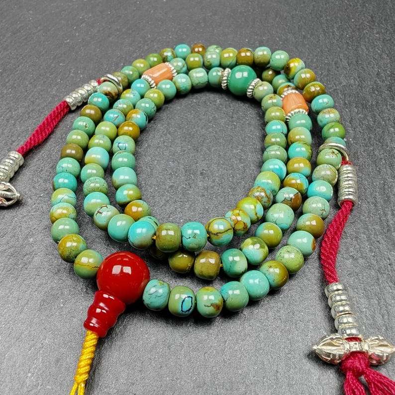 Gandhanra Old 108 Turquoise Beads Necklace Mala,Tibetan Prayer Beads for Meditation Practice ,Diameter 0.23", Circumference 24 inches